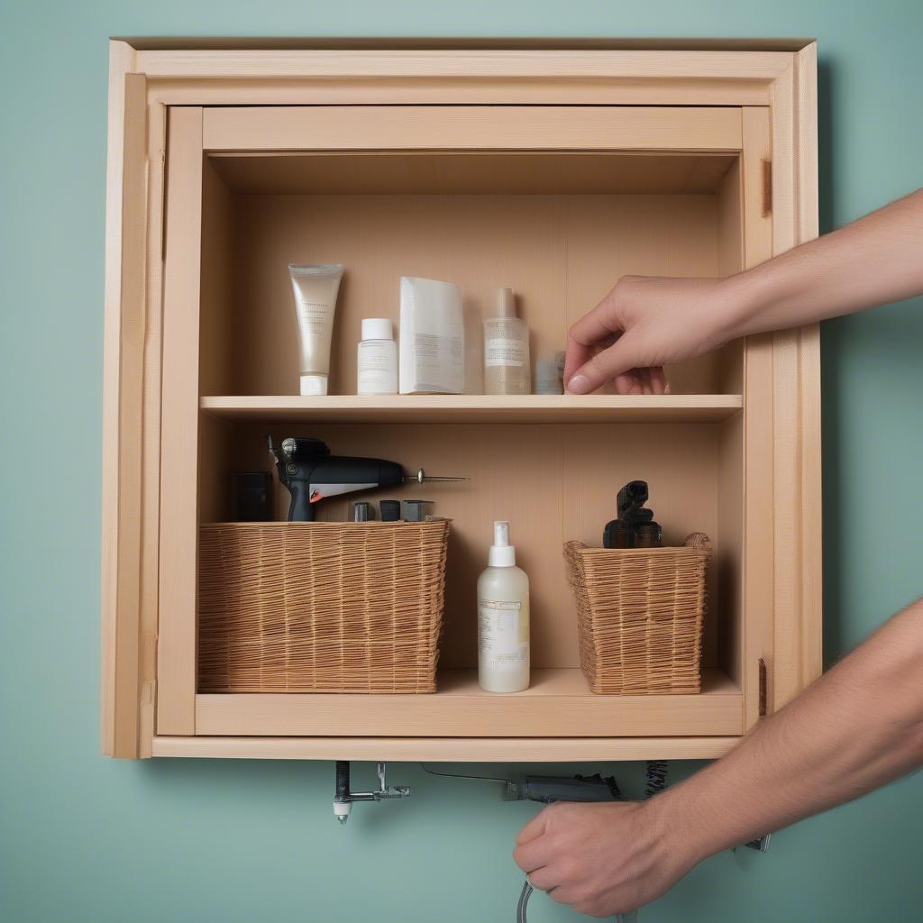 Installing a hanging wicker bathroom cabinet.