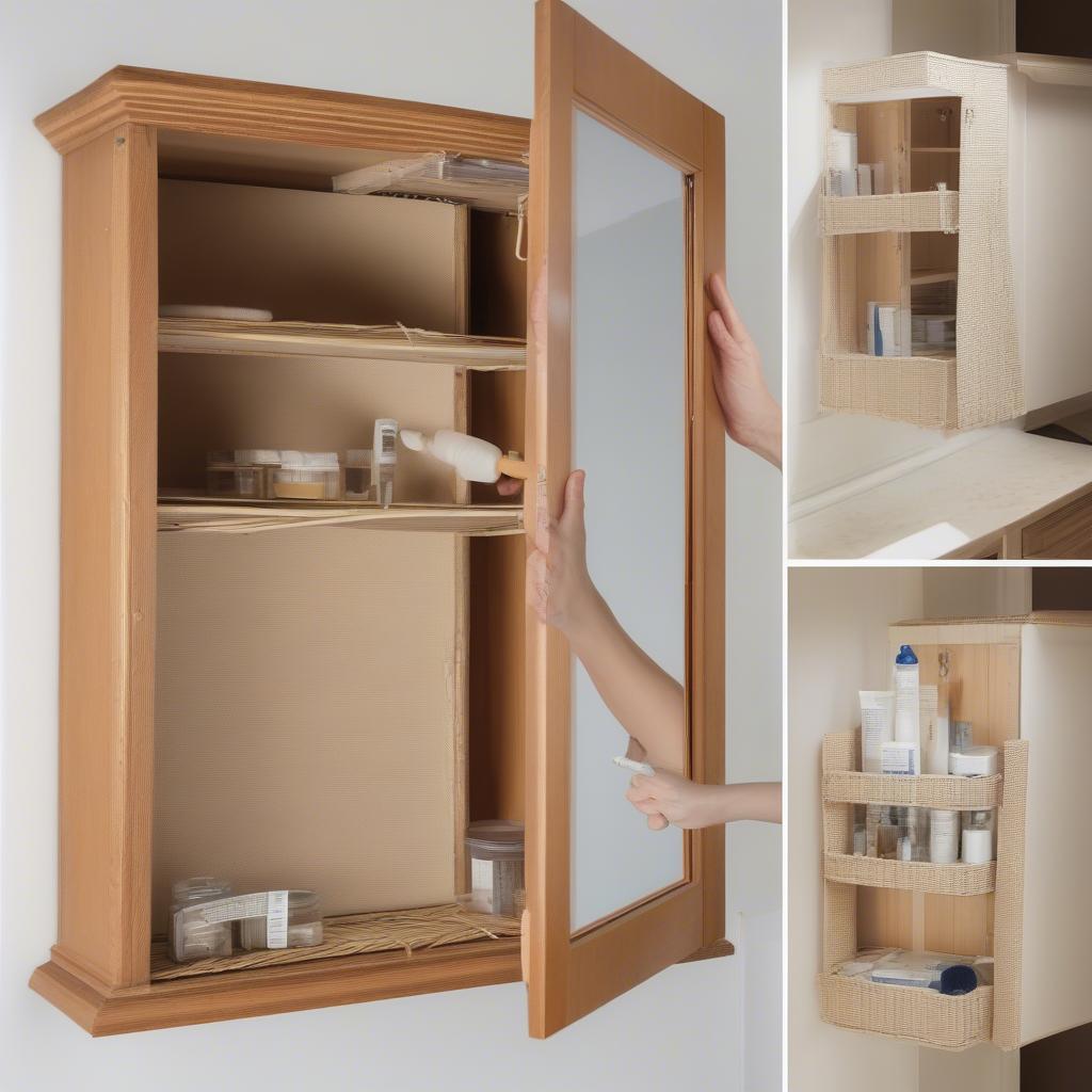 Installation steps for a mirror medicine cabinet with a wicker basket.