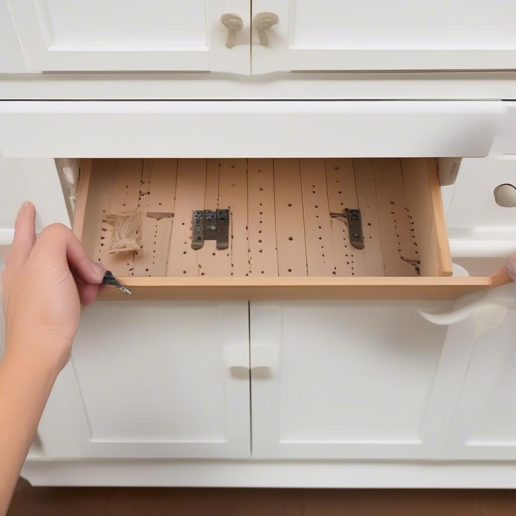 Steps to install wicker cabinet pulls on a cabinet door, including marking screw holes, drilling pilot holes, and attaching the pulls.