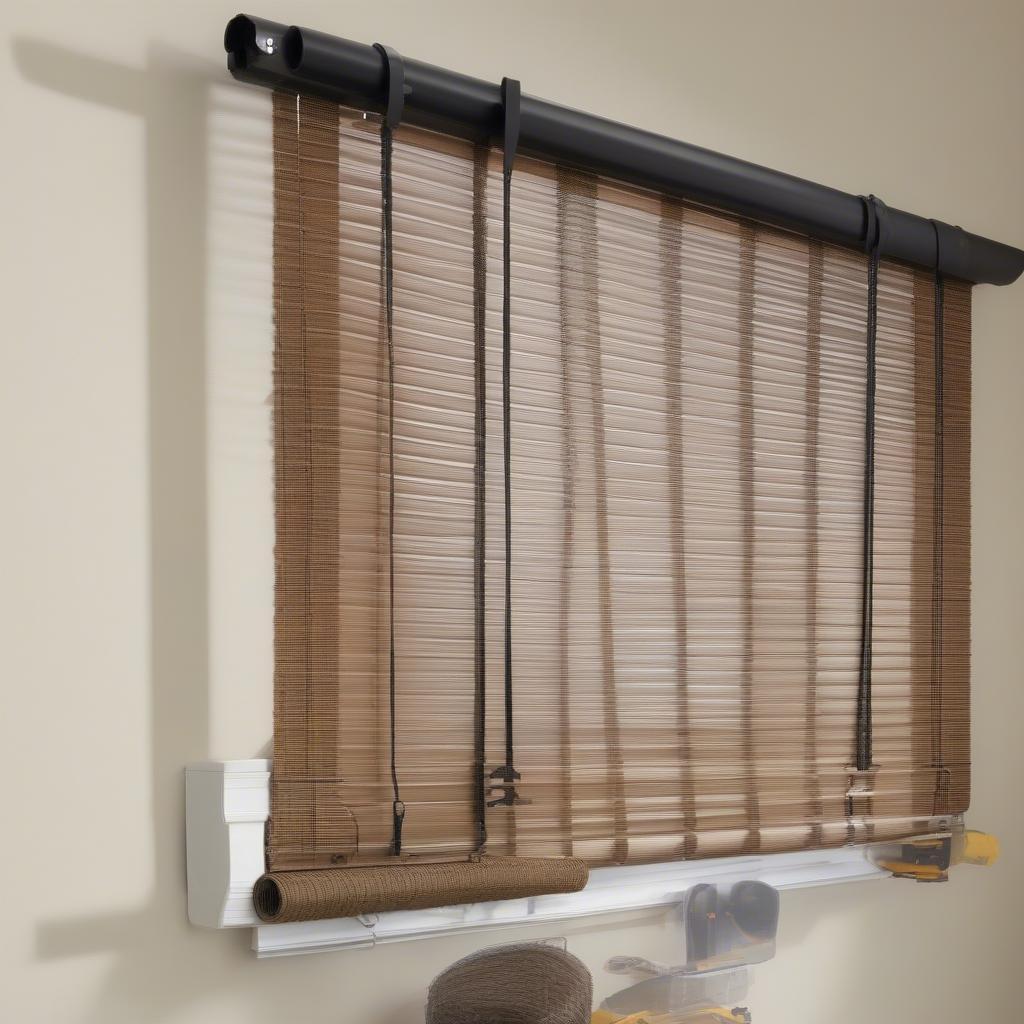 Step-by-step installation of wicker outdoor blinds, showcasing necessary tools and mounting hardware.