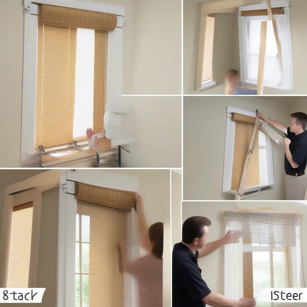 Step-by-step guide illustrating the installation process of then wicker scroll blinds.