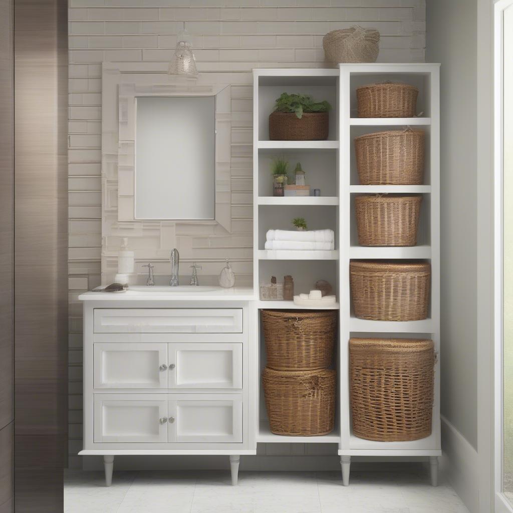 A person installing a wicker wall cabinet in a bathroom.