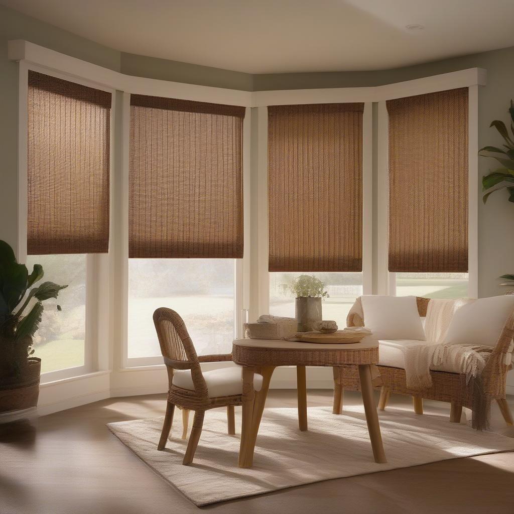 Insulated wicker blinds filtering sunlight