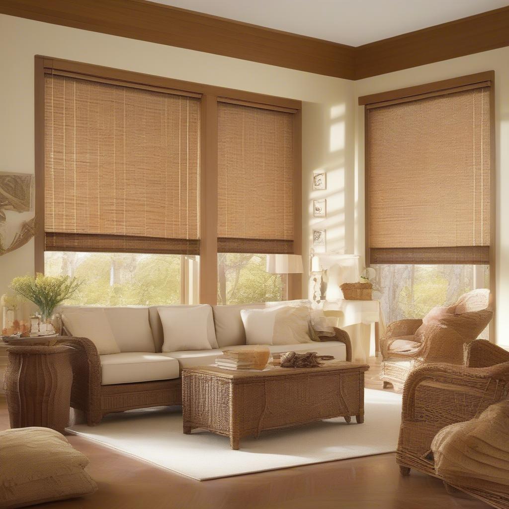 Insulated wicker blinds in a living room setting