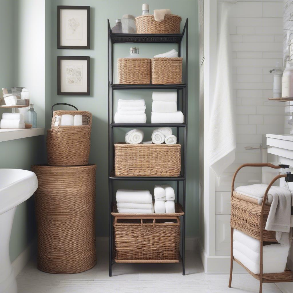 Iron and Wicker Bathroom Storage