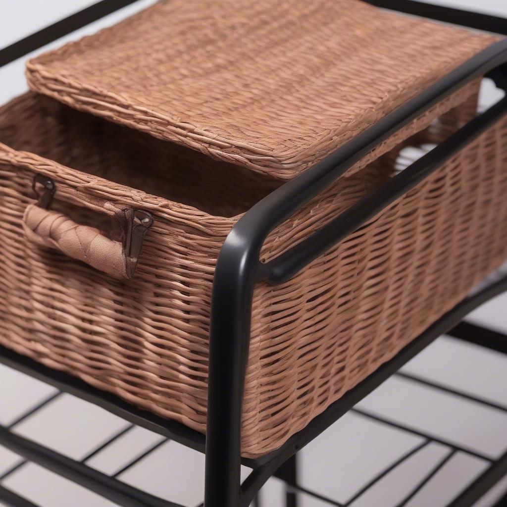 Close-up of the wicker baskets on an iron bakers rack