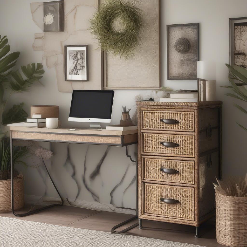 Iron and Wicker File Cabinet in Home Office