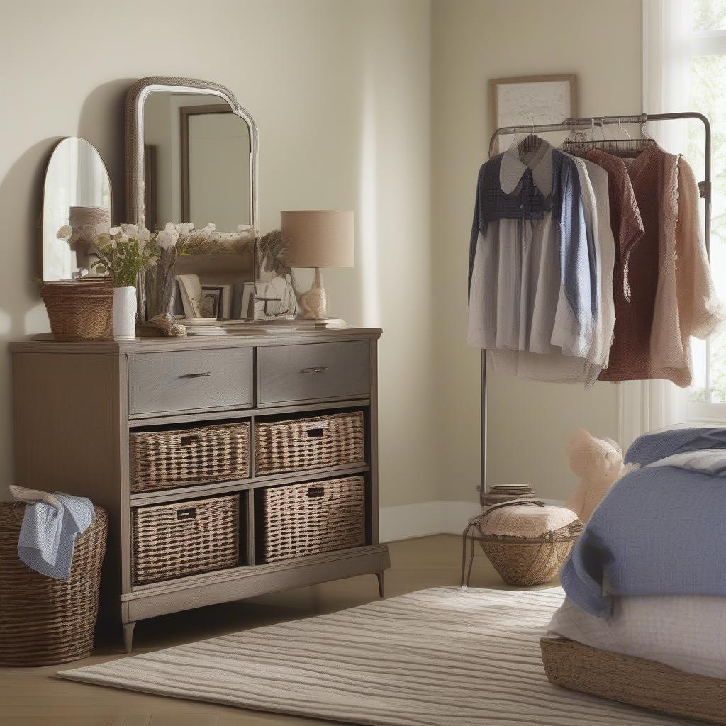 An iron wicker storage unit used as a dresser in a bedroom, showcasing its organizational capabilities and aesthetic appeal.