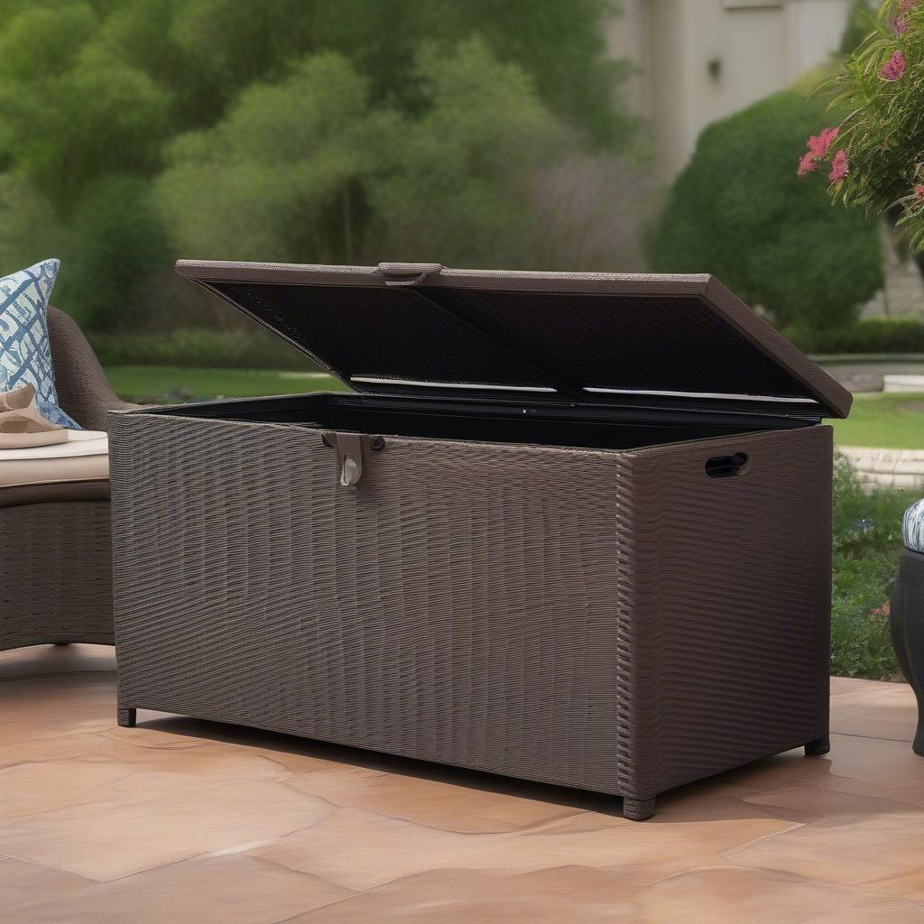 Java 73-Gallon Resin Wicker Deck Box on a Patio