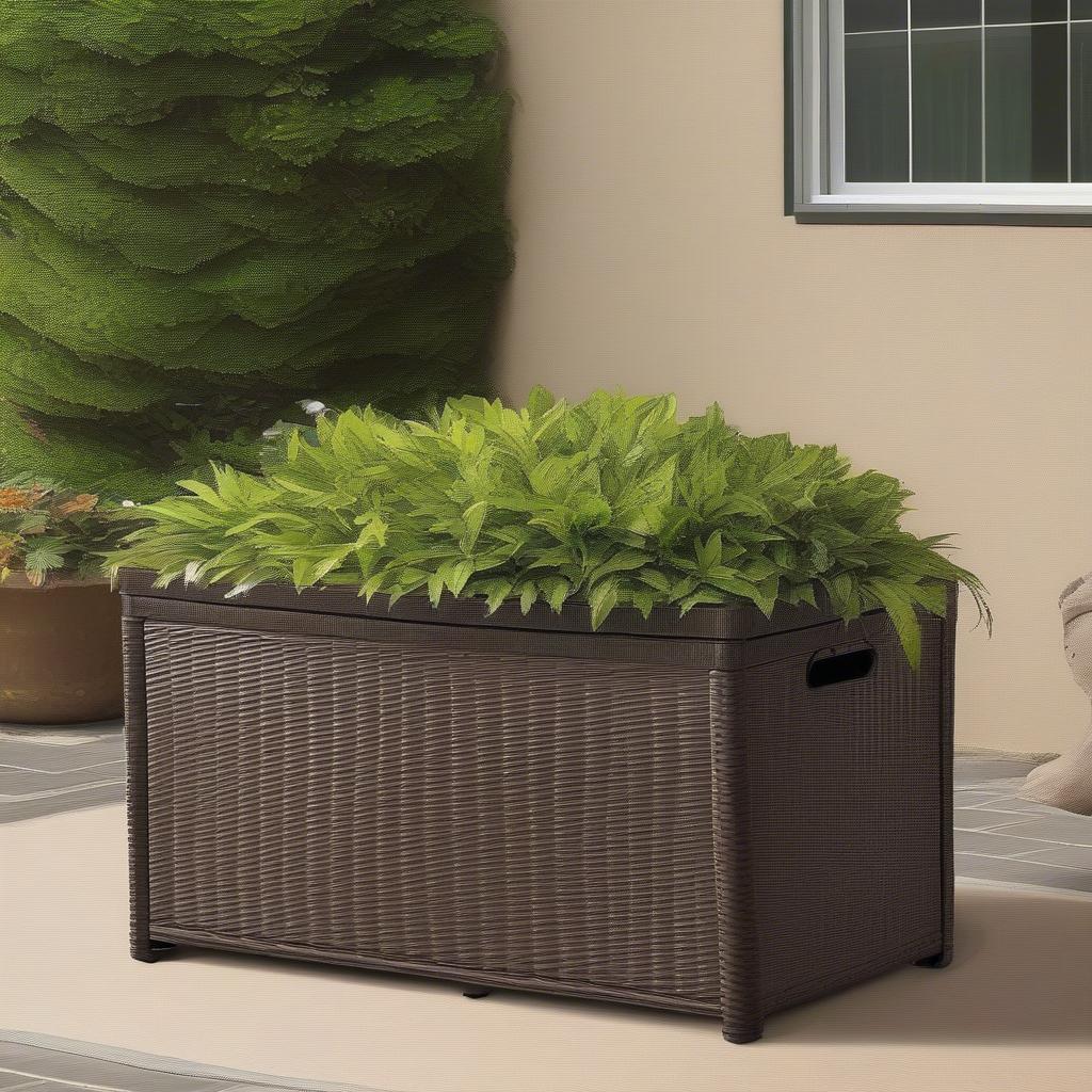 Java 73-Gallon Resin Wicker Storage Box in a Garden Setting