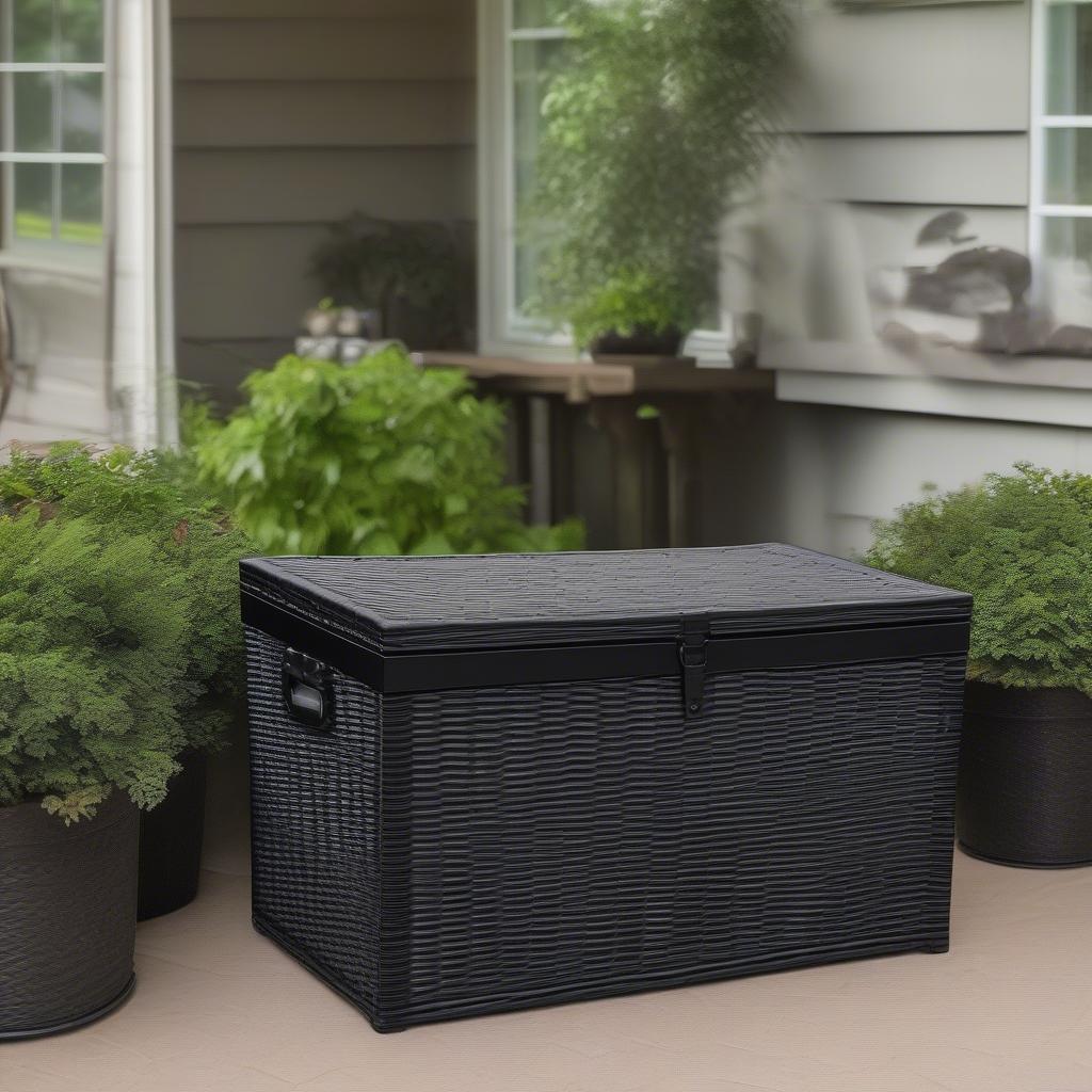 Jeco Resin Wicker Storage Trunk Black on an Outdoor Patio