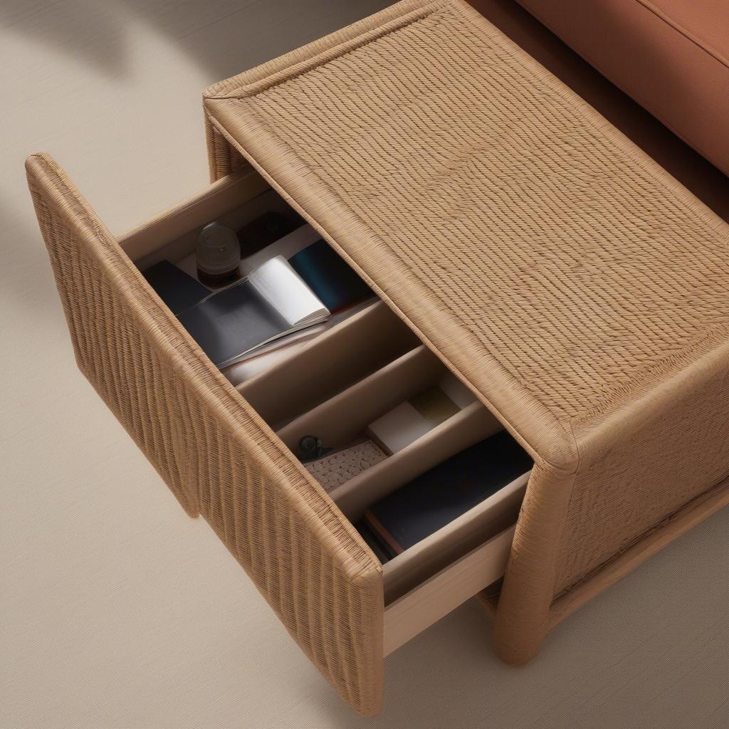 Close-up View of Jesse Wicker Coffee Table Storage Compartment