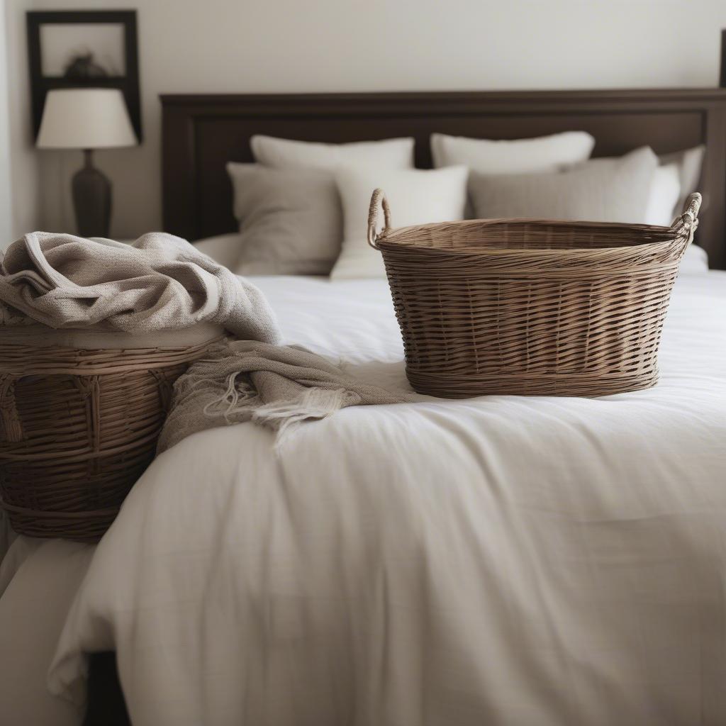 Jumbo wicker basket used for storage in a bedroom