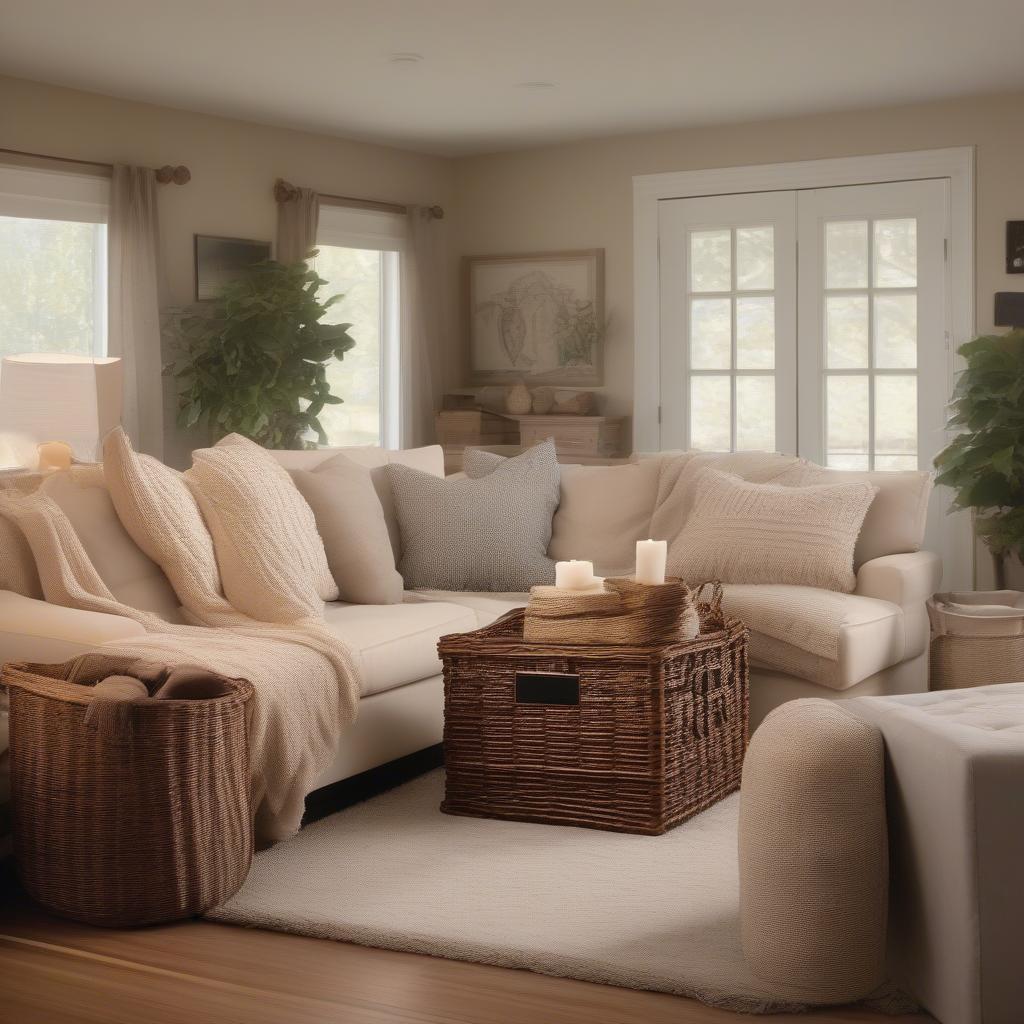 Jumbo wicker storage basket in a living room setting