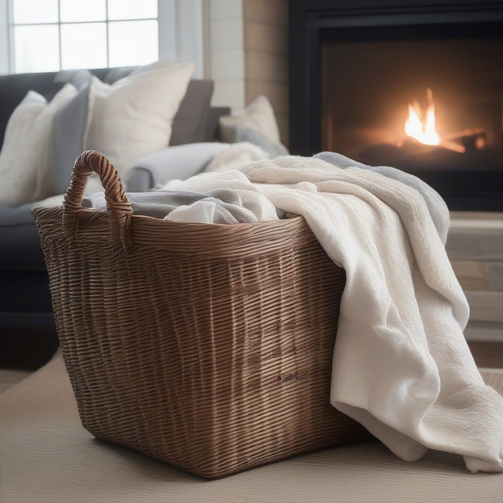 Jumbo wicker storage basket in a living room setting