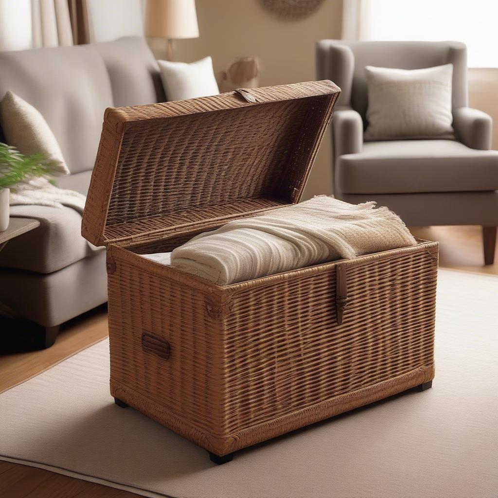 Jumbo wicker storage trunk in a living room setting