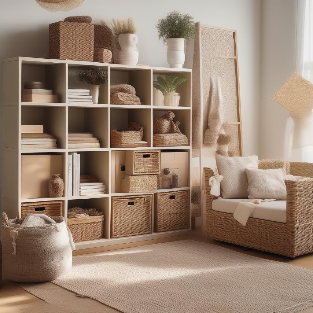 Kallax wicker storage boxes neatly organizing a living room bookshelf, adding a touch of natural elegance to the space.