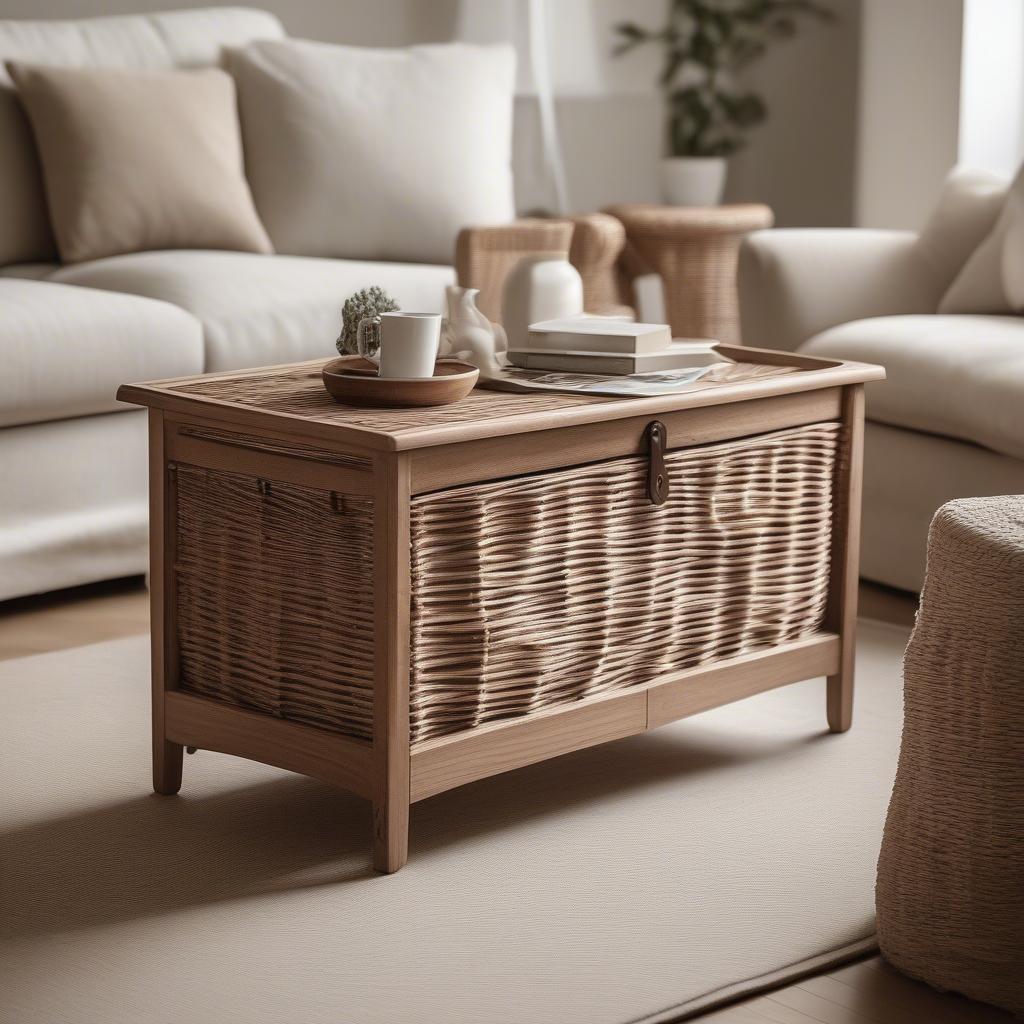 Keenan 6 Wicker Basket seamlessly integrated into a living room setting, used as a coffee table with storage.