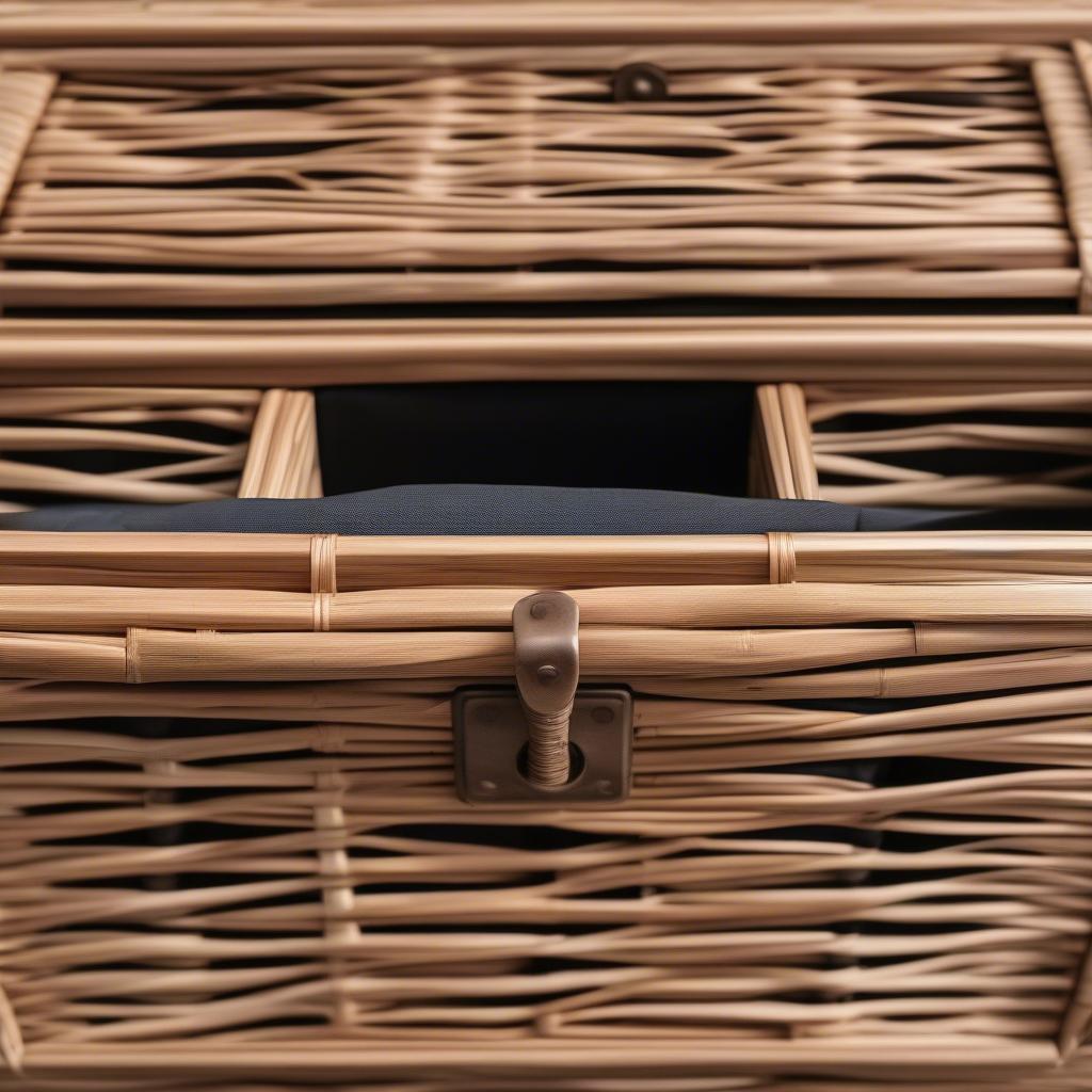 Close-up view of the Keenan 6 Wicker Basket Storage Chest highlighting its intricate weave and natural finish.