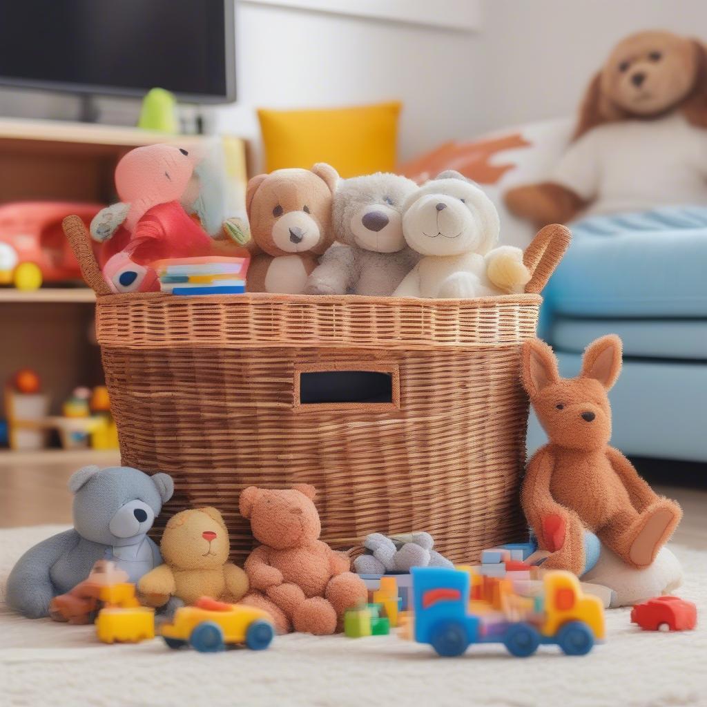 Kids wicker storage basket filled with colorful toys in a playroom