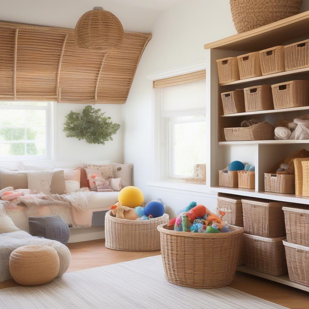 Kids wicker storage baskets in a colorful playroom