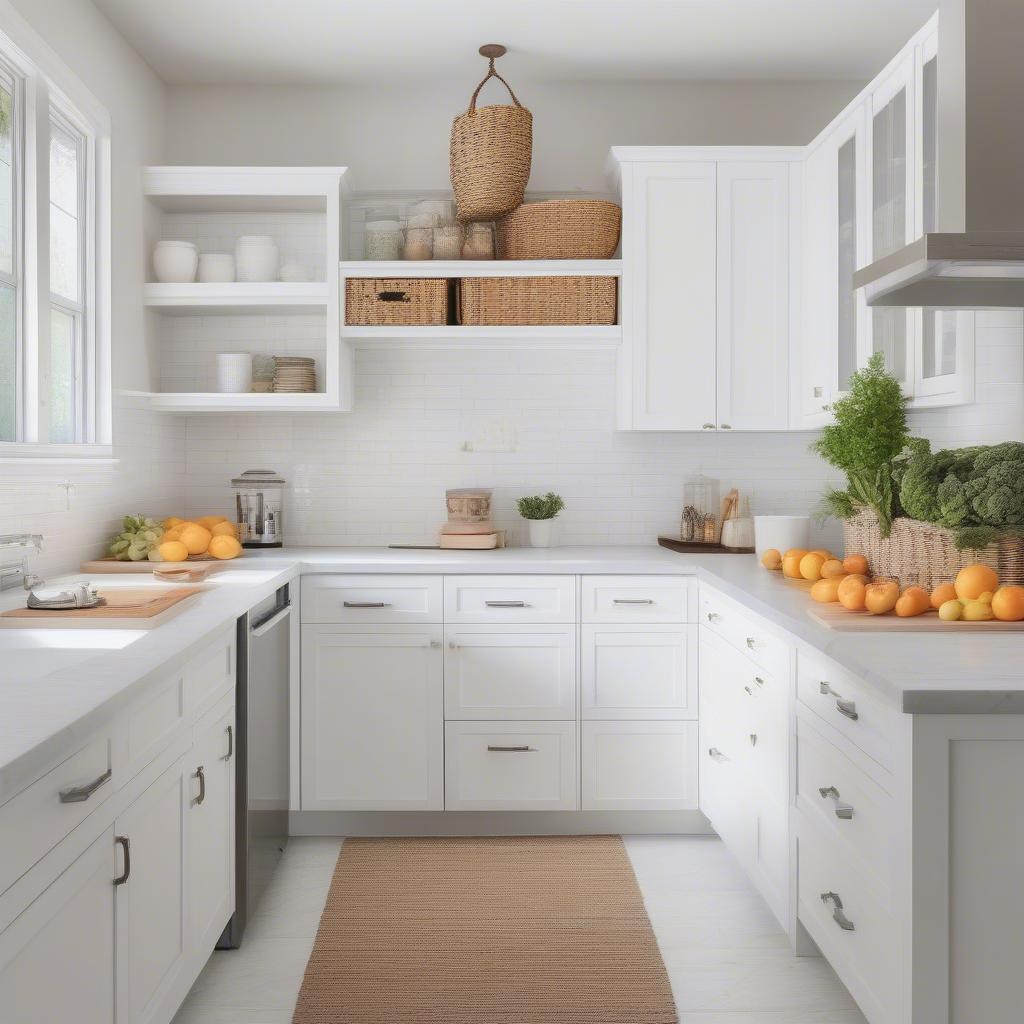 Modern Farmhouse Kitchen with Wicker Basket Drawers in Cabinets