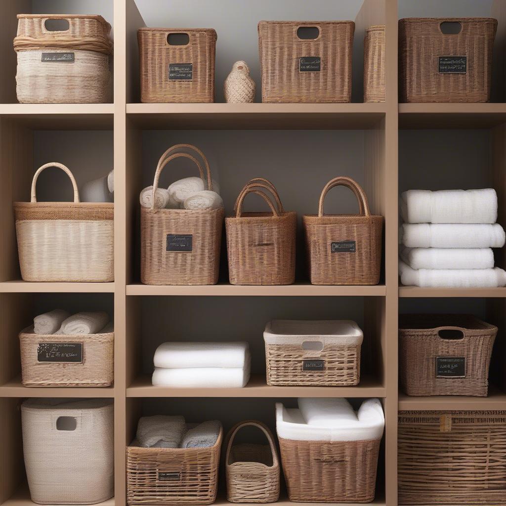 Labeled wicker baskets organized on shelves, demonstrating a practical and efficient storage solution.