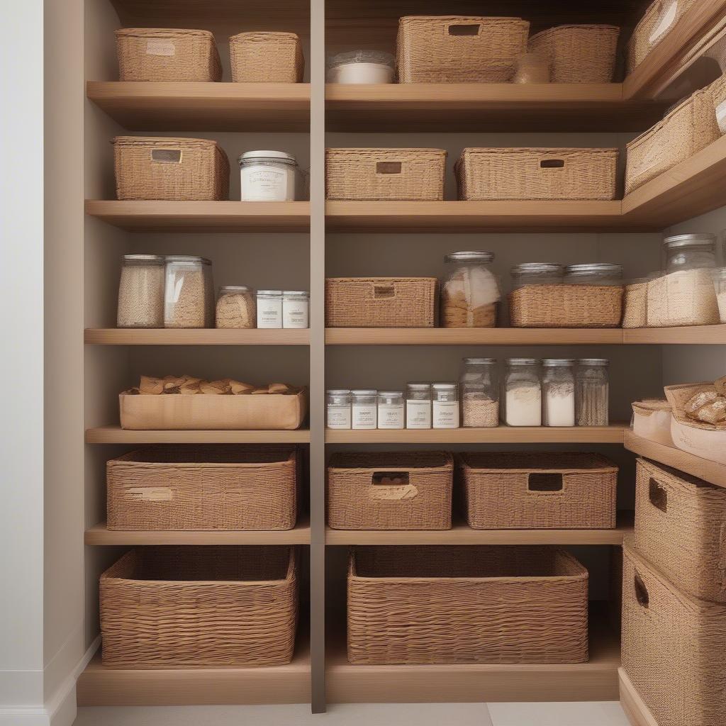 Close-up of labeled wicker baskets in a pantry, showcasing organized storage of various pantry staples.