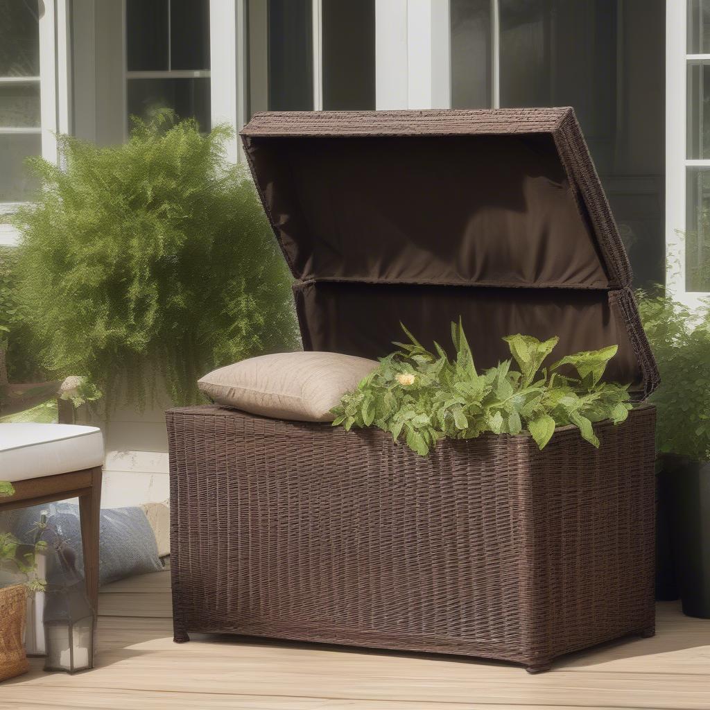 Large Brown Wicker Storage Box on Outdoor Patio