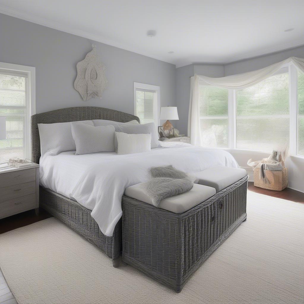 Large gray wicker storage trunk in a bedroom