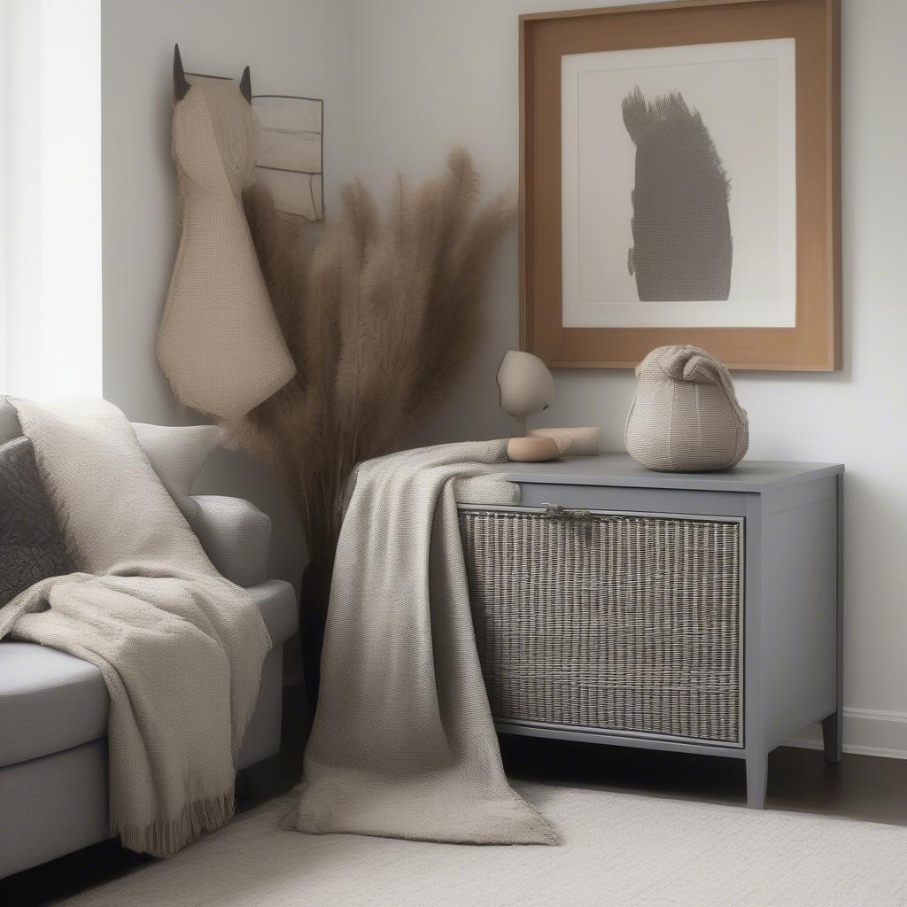 Large Grey Wicker Storage Chest in a Living Room