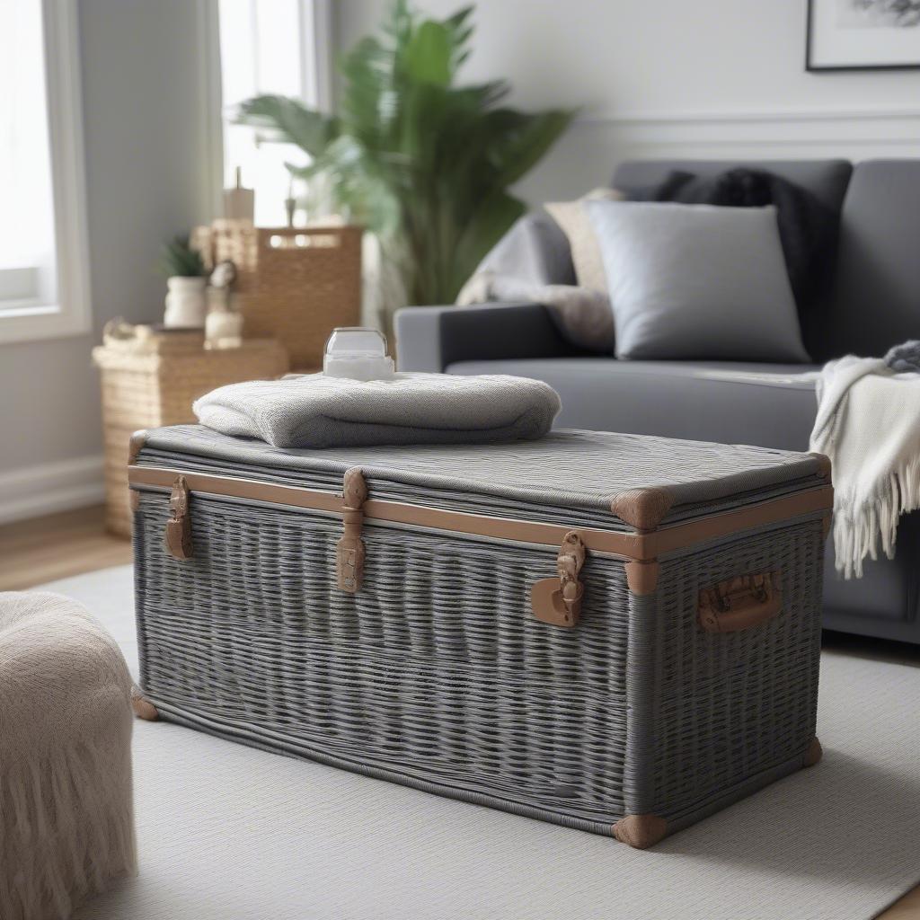 Large Grey Wicker Storage Trunk in a Living Room