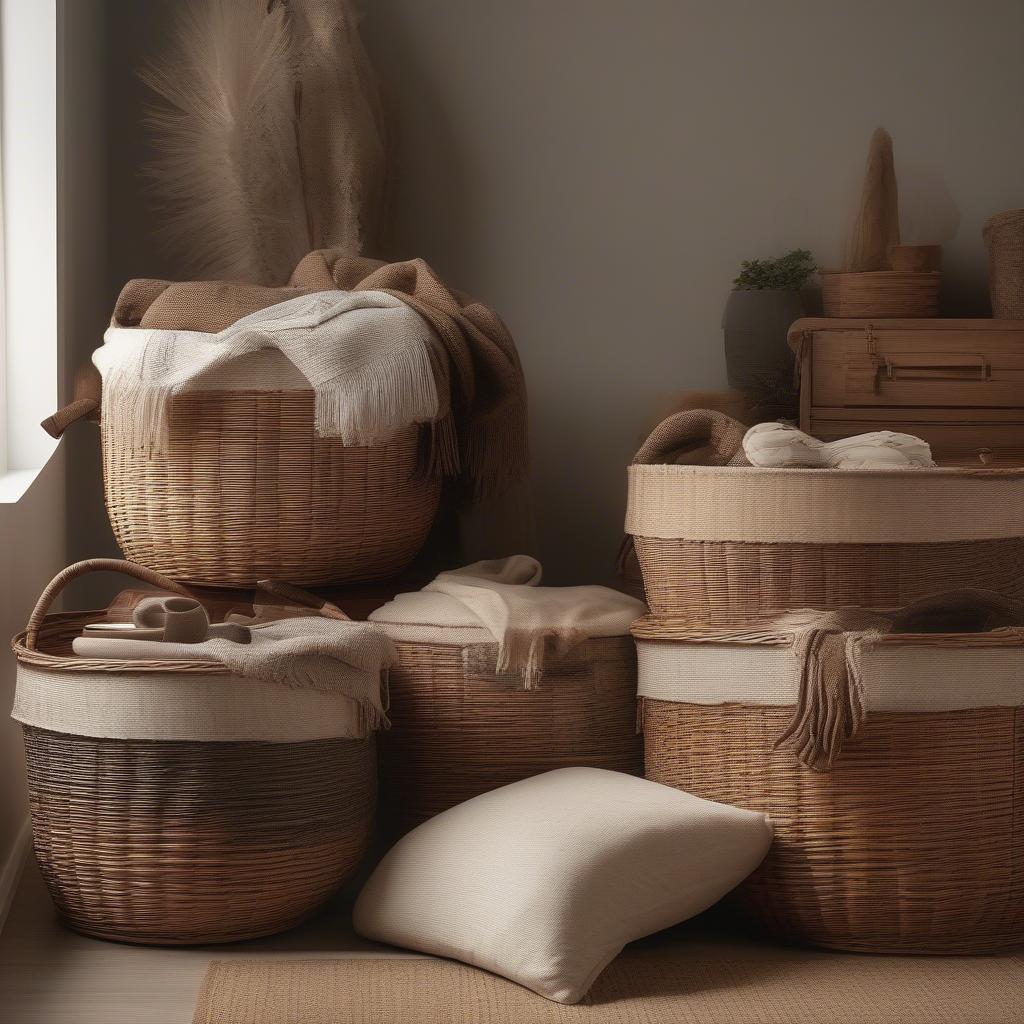 Large lidded wicker storage baskets in a living room setting