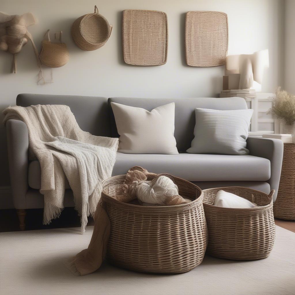 Large lined wicker storage baskets in a living room setting