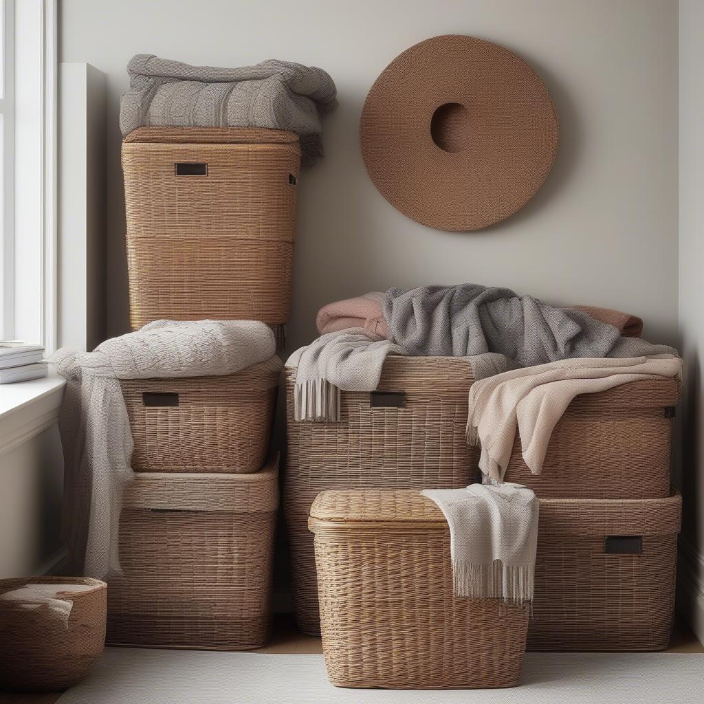 Large rectangular wicker storage baskets filled with cozy blankets in a living room setting