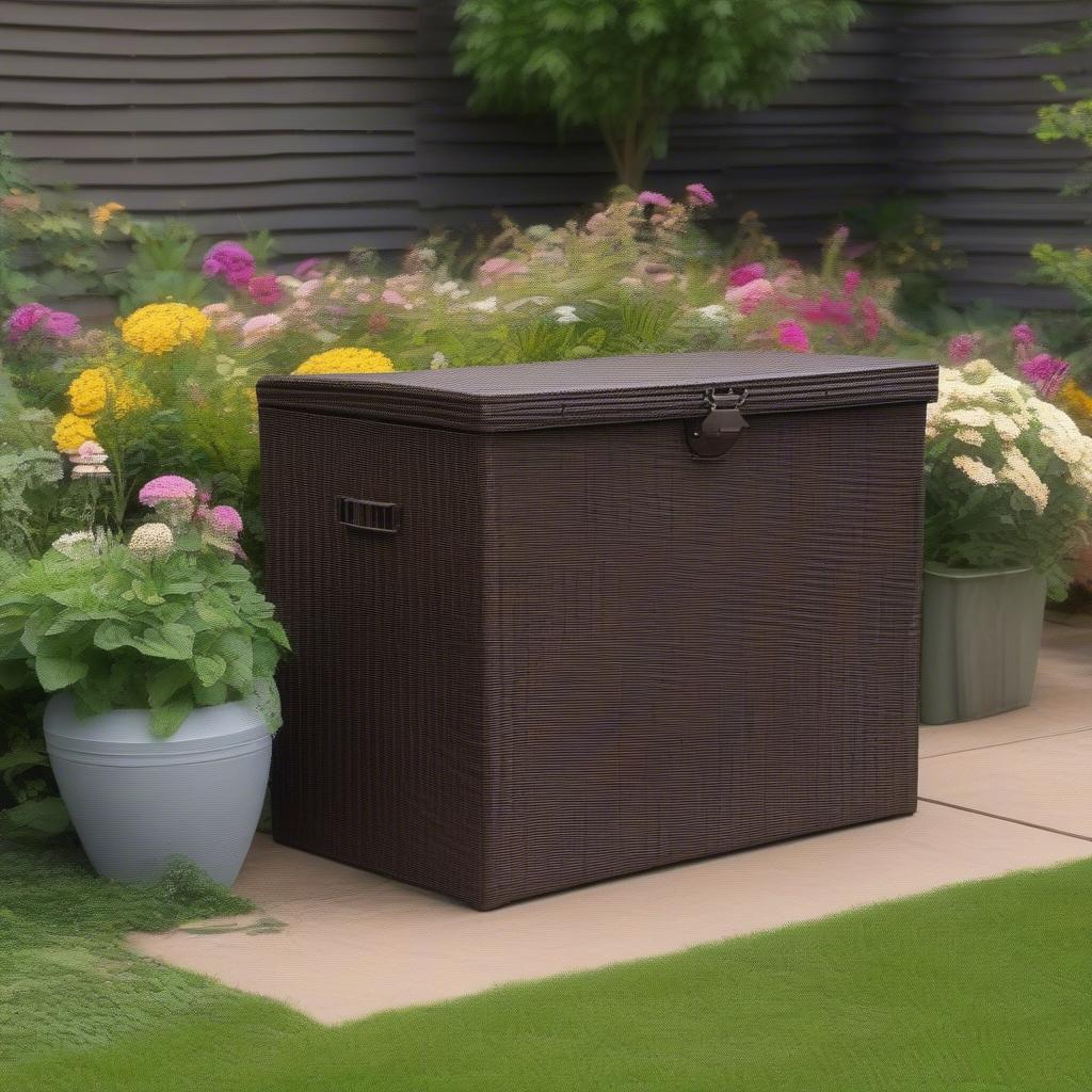 Large resin wicker deck box in a garden setting