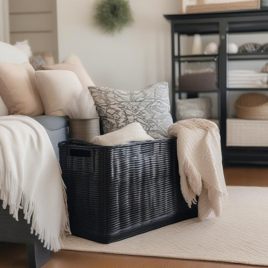 Black resin wicker storage tote in a living room setting