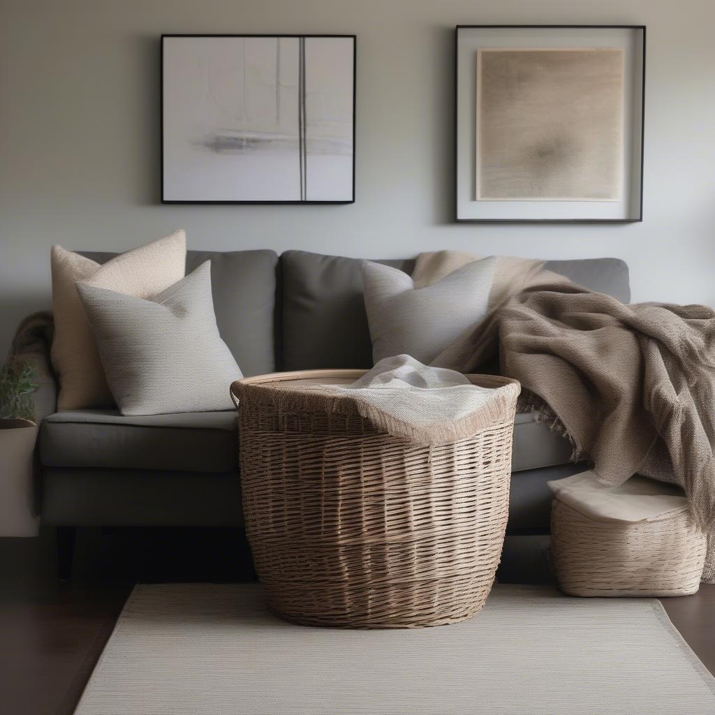 Large round wicker storage basket with metal lid in a living room setting