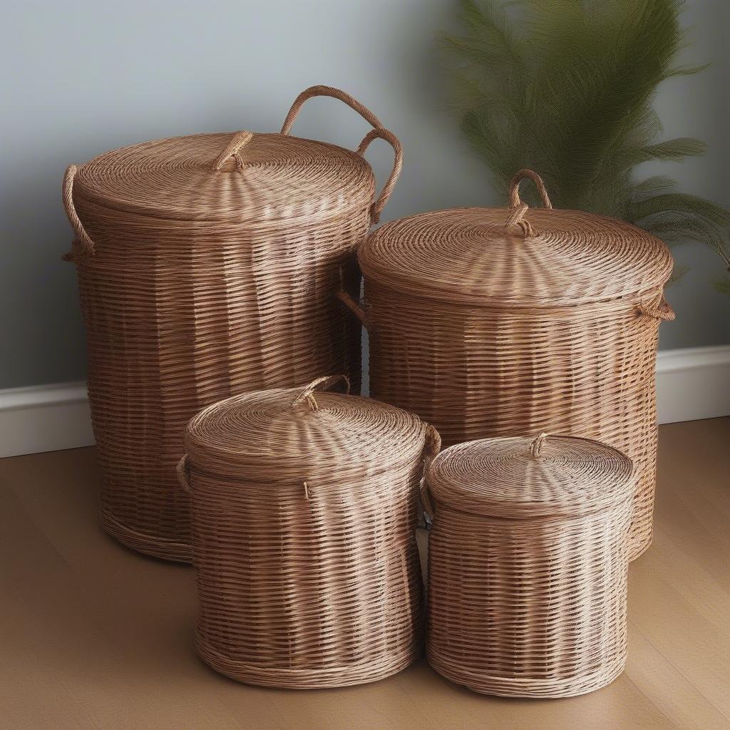 Different Sizes of Large Round Wicker Storage Baskets with Lid Metal Handles