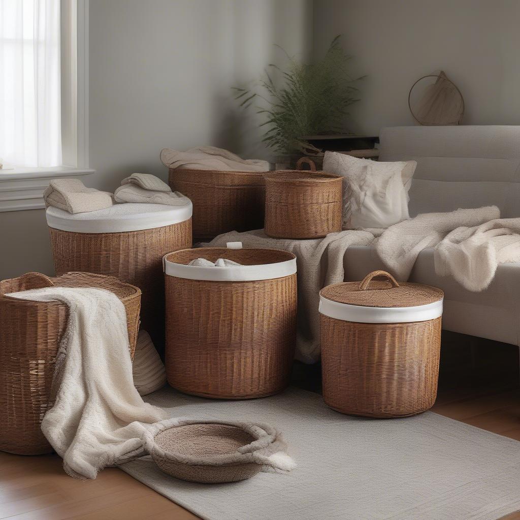 Large round wicker storage baskets in a living room setting