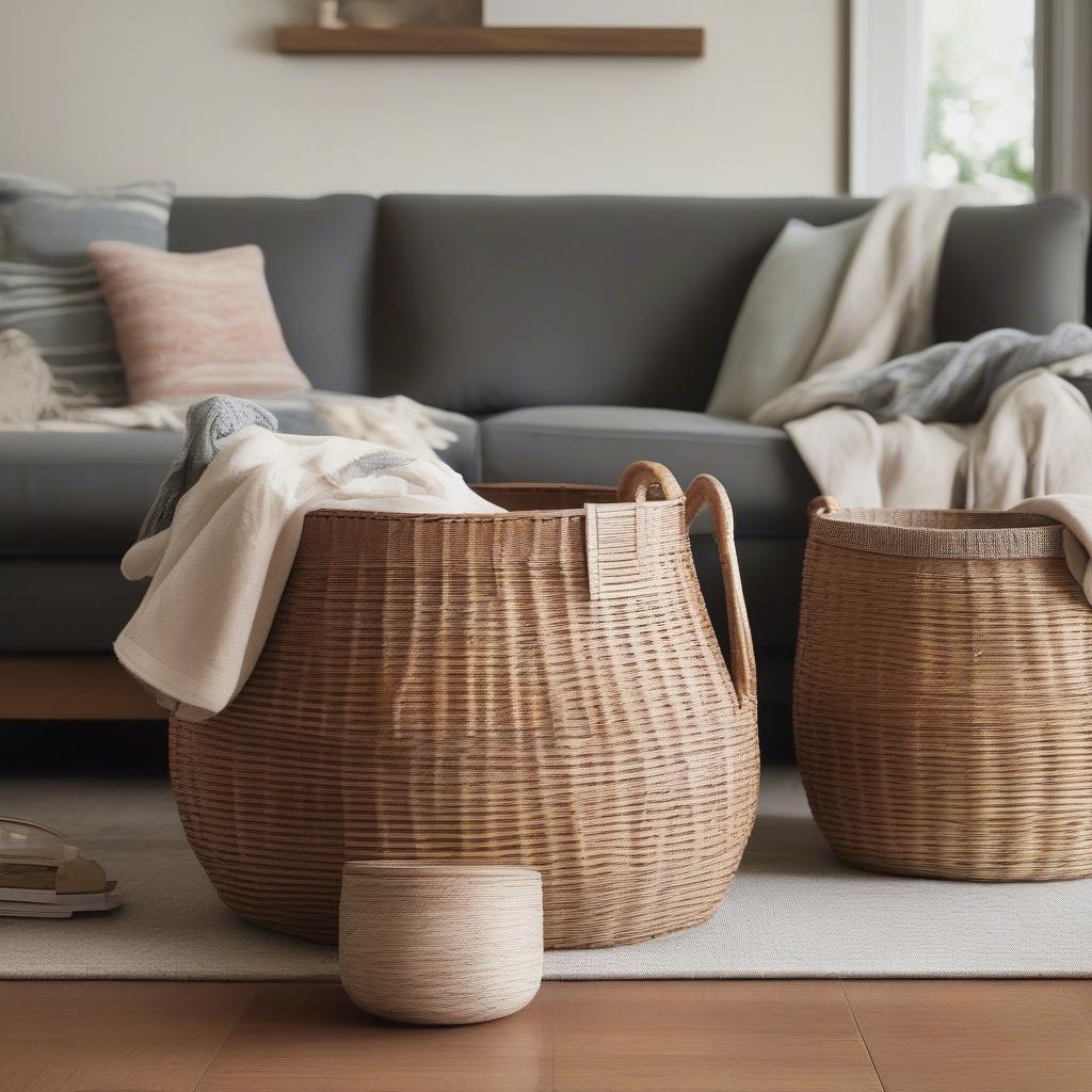 Large round wicker storage baskets in a living room setting