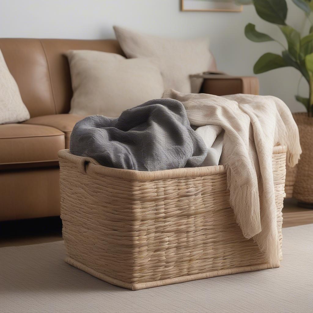 Large Water Hyacinth Wicker Storage Basket in Living Room