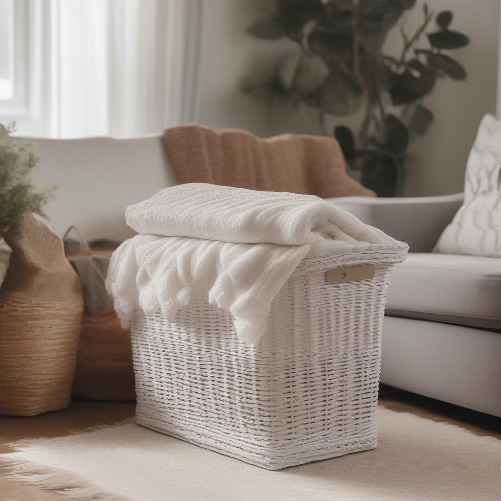 Large White Wicker Storage Basket with Hinged Lid