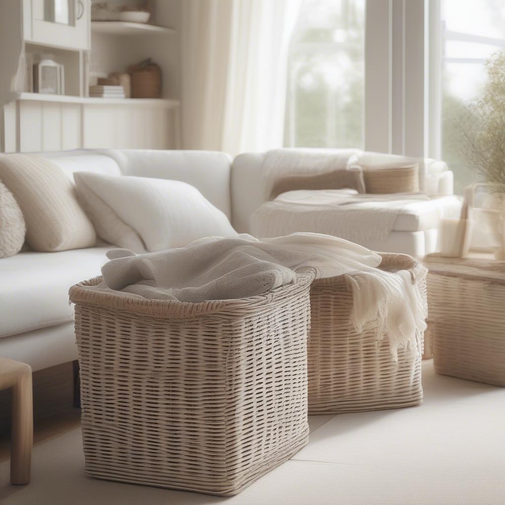 Large white wicker storage baskets in a living room setting