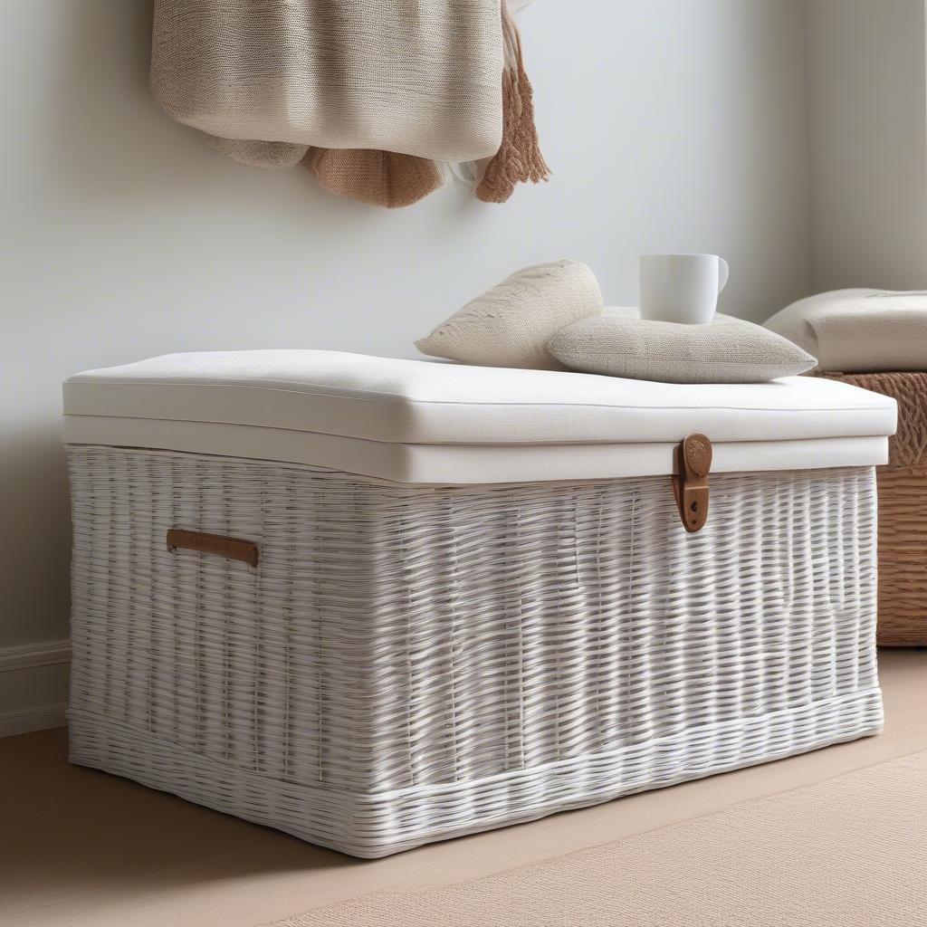 Large white wicker storage box with lid in a living room setting