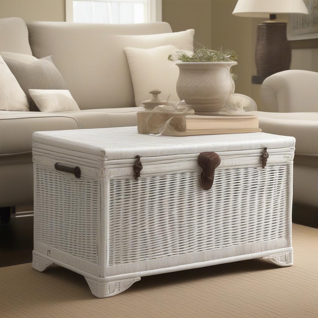 Large white wicker storage trunk in a living room setting