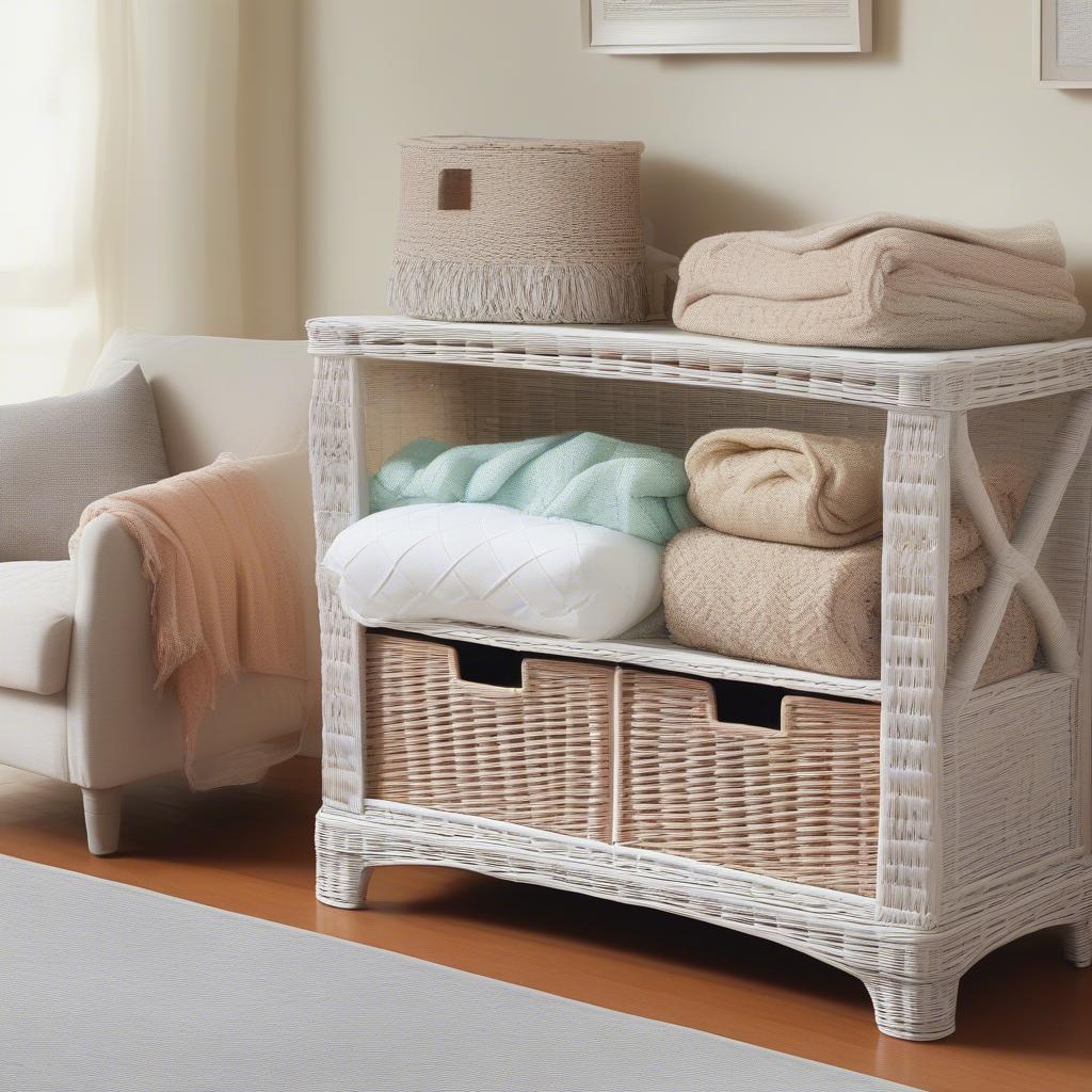 Large white wicker storage unit in a living room setting, showcasing its ample storage space and stylish design.