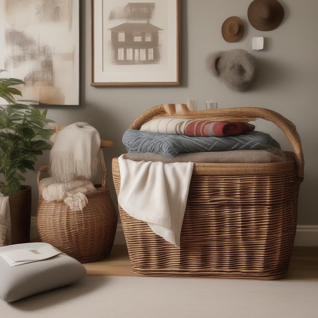 Large wicker storage basket with hardtop in a living room setting