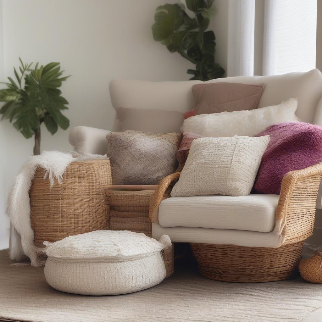 Large wicker basket filled with colorful throw pillows in a cozy living room setting