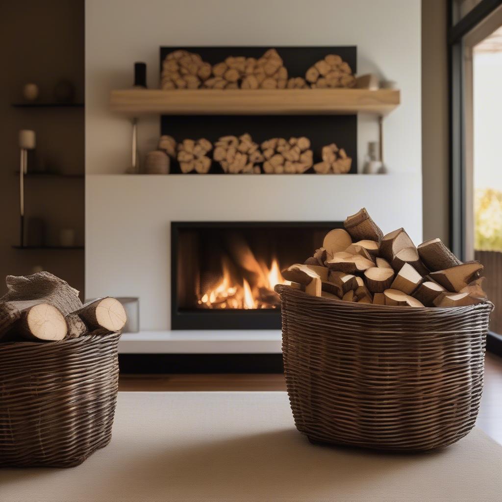 Large wicker baskets filled with firewood neatly arranged near a fireplace